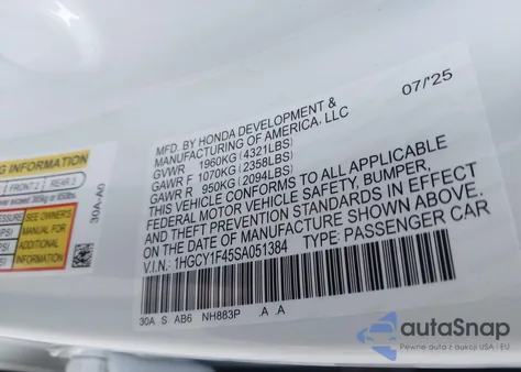 2025 Honda Accord Se from USA, damaged, VIN 1HGCY1F45SA051384